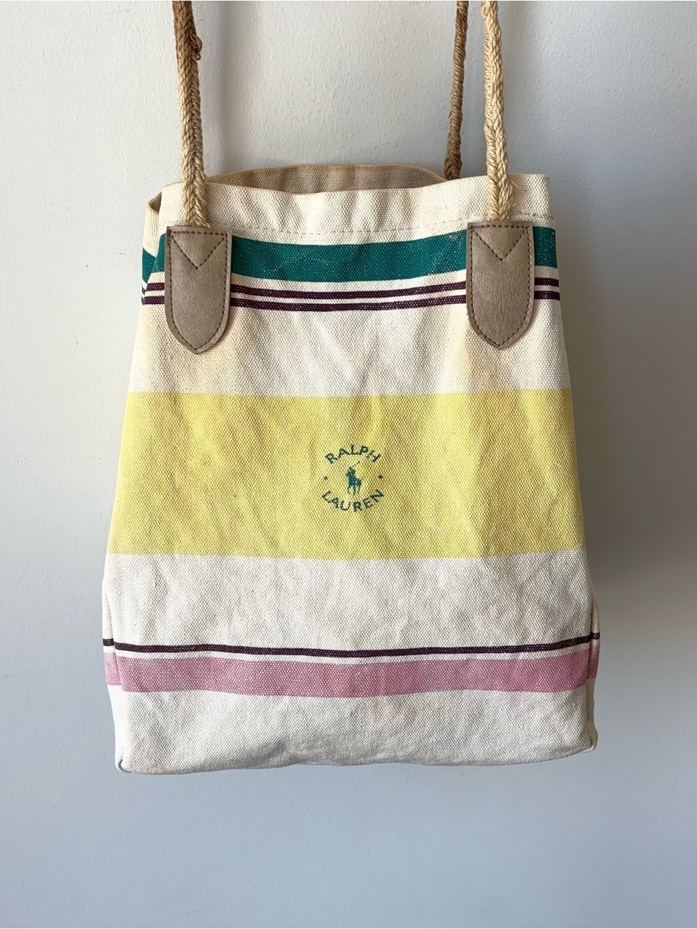 Vintage Ralph Lauren Striped Canvas Tote Bucket Bag Rope Handle Nautical Beach